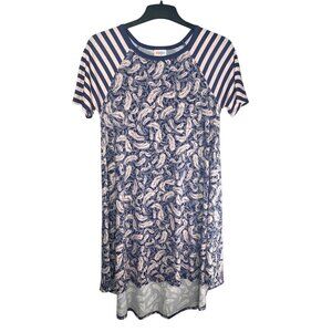 Lularoe Carly Striped Navy & Pink Feather Print High-Low Dress Small